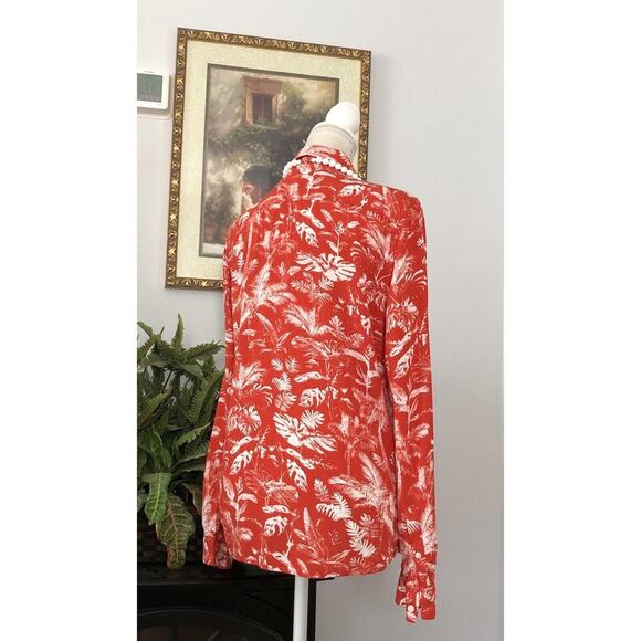 H&M US CA Women Petite Small Vintage Hawaiian Orange Print Bottom Up Shirt - Picture 7 of 13